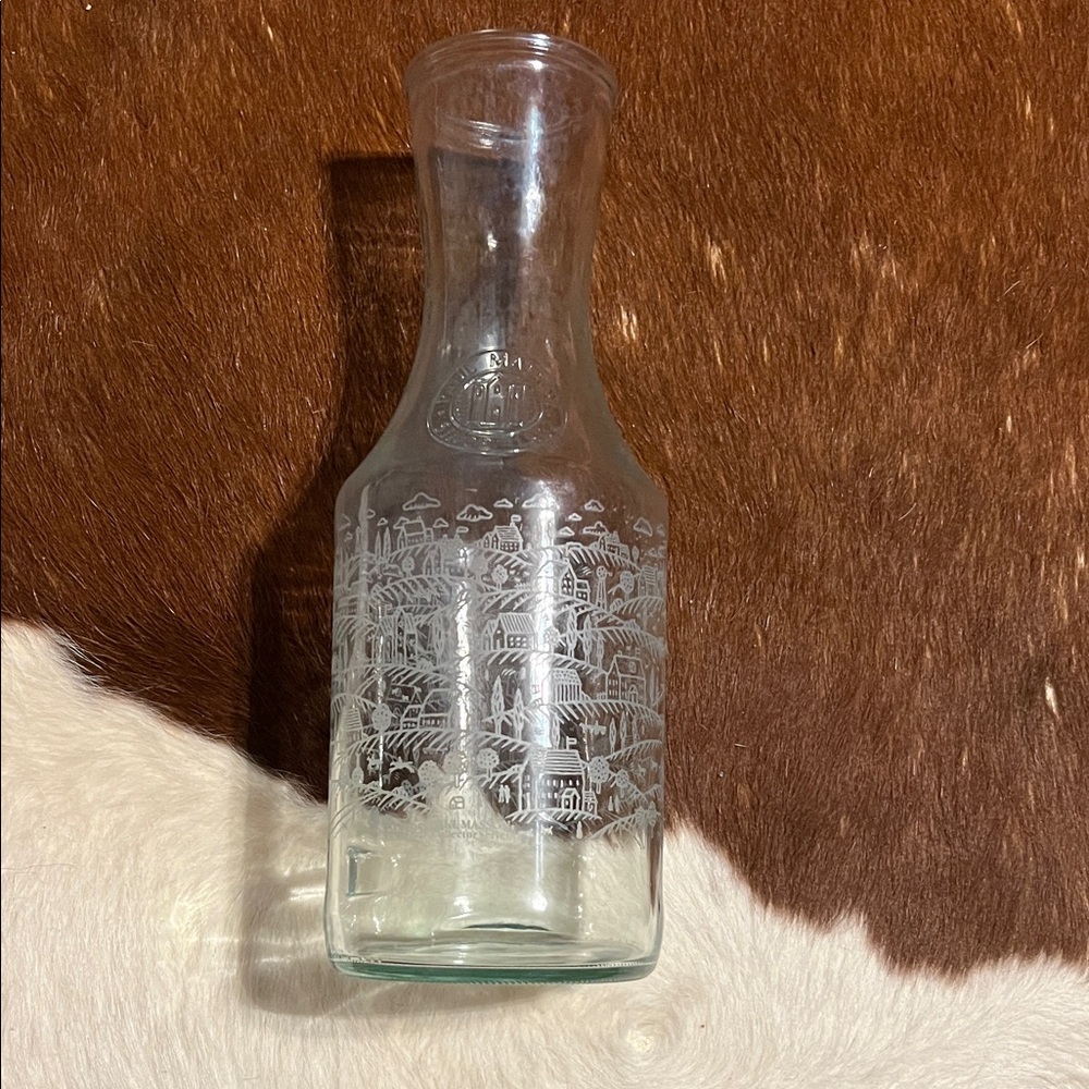 1995, Paul Masson carafe for wine, glass carafe with house scene
